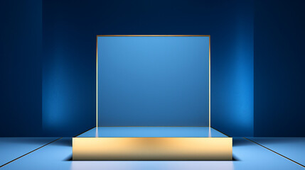 Modern Elegance: Empty Blue Cube Podium with Gold Border and Minimalistic Design for Luxury Presentations and Product Showcases.