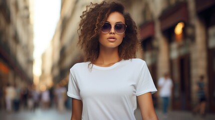 A young woman wearing a belle canvas white T-shirt mockup with a colored background