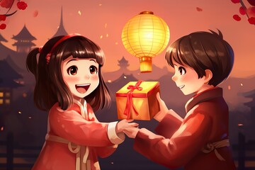  Asian girl new year atmosphere holding big red lantern on Chinese Happy New Year. Generative Ai