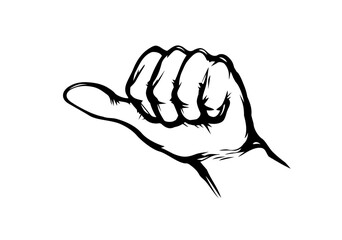 Hand pointing thumb to the side. Vector drawing - obrazy, fototapety, plakaty
