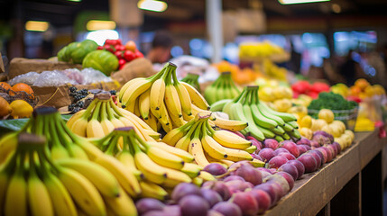 Close up shot of juicy fresh fruits and vegetables  on a farmers market