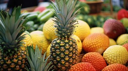 Fototapeta premium Close up shot of juicy fresh fruits and vegetables on a farmers market