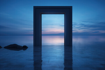 The Serene Seascape: A Dreamy Entrance to a New Horizon with an Empty Room and Wooden Pier under a Calm Sunset Sky