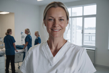 Fototapeta premium medium shot front view of middle age swedish female nurse in nurse outfit with sly smile looking at camera while standing in modern white swedish hospital, team of nurses in background