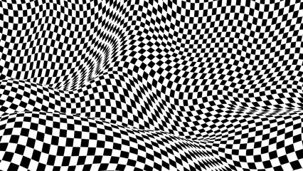 Warped checkered pattern. Optical illusion trippy background. Vector wave checkerboard
