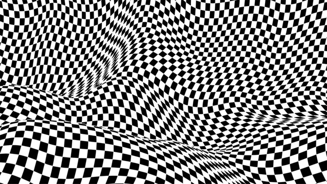 Warped checkered pattern. Optical illusion trippy background. Vector wave checkerboard