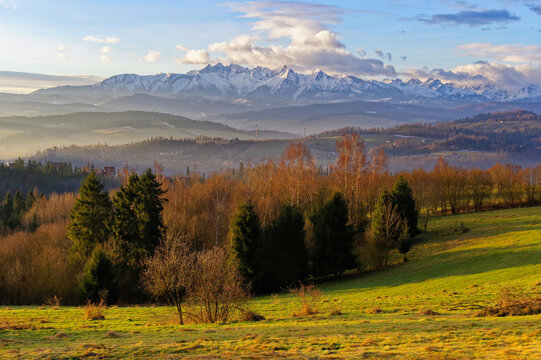 Piękny krajobraz w Europie, drzewa łąka górska.
Widok na Tatry o poranku.