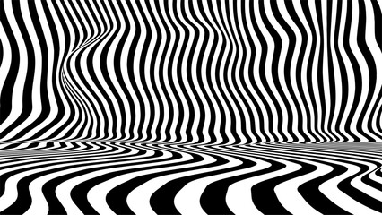 Optical illusion op art wavy background with black and white stripes texture. - obrazy, fototapety, plakaty