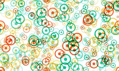 Random circles pattern, medium aquamarine, dusty orange, sweet corn and pale turquoise colors on the white background. Seamless pattern.Astrological sign of sun