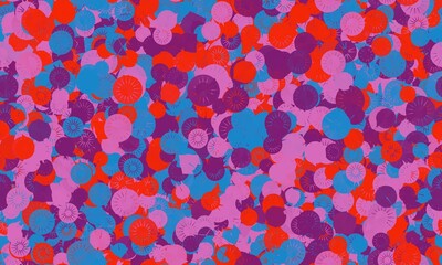 Multicolored chaotic circles with floral or spark pattern. Seamless background. Water blue, tomato red, dark raspberry and purplish pink colors on the white background