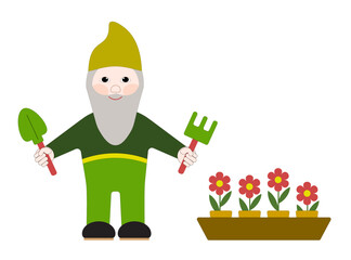 Fabulous  gnome in green clothes is ready for gardening. Man with a beard holds gardening tools in his hands. Vector illustration. Flat style, isolated on a white background. Editable stroke.