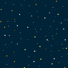 Starry sky. White and yellow glowing dots on a dark background. Abstract seamless pattern. The dots are randomly scattered. Background for paper, cover, fabric, textile, dishes, interior decor.