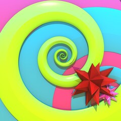 Obraz premium Concentric green yellow spiral with the red stars on the blue and rosy pink background. 3d illustration, 3d rendering