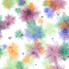 Tea green, cold purple, lily, apricot and iris blue transparent flowers on the white background. Seamless pattern. Pattern for wrapping, textile, print