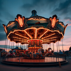 A carnival carousel in motion against a twilight sky.