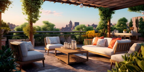 Fototapeta premium inviting outdoor lounge area with comfortable armchairs, patterned cushions, and a pergola overhead. Generative AI