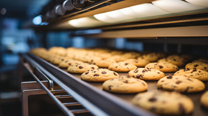 Chocolate chip cookies in production line