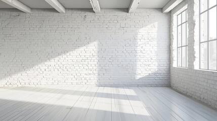 Empty white-colored room with a large brick wall, maple floor