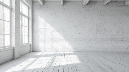 Empty white-colored room with a large brick wall, maple floor
