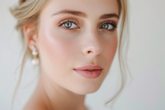 Portrait of a bride on her wedding day. Natural makeup with pearl earrings	