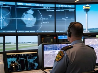 airport control tower officer monitors radar screen in blur background of tower control room - obrazy, fototapety, plakaty
