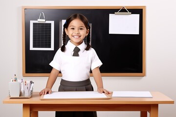 little girl smile in uniform dress study in school classroom,whiteboard, ivory wall, wood table, photography, commercial lighting