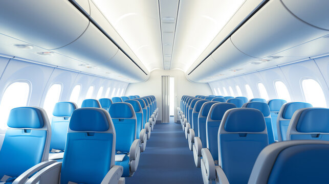 Interior of a modern airplane with rows of empty seats of economy class. Sustainable traveling holiday getaway