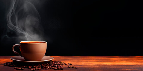 Cup of hot coffee on dark wooden table over black background - obrazy, fototapety, plakaty