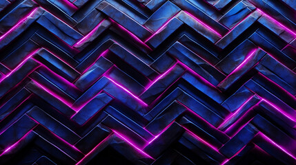 Zigzag with purple, blue, pink and white lines on a black background, in the style of concrete art, light black and purple, cubo-futurism, vibrant murals, earthcore, rough hewn surfaces