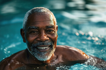 Summer vacation, positive cheerful swimmer African American senior man relaxing in the water in a swimming pool outdoors on a sunny day and looking at camera - Powered by Adobe