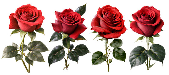 Set of large luxurious red rose on PNG background. Generative AI.