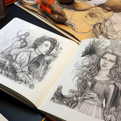 A close-up of an artist's sketchbook filled with drawings.