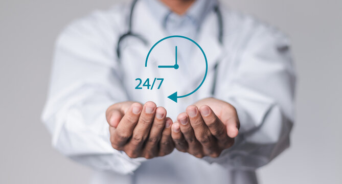 Doctor service patients 24 hours a day. Assist patients with accidents or emergencies, medical centers without interruptions. Medical call center service 24-7.