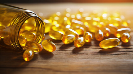  Close up of yellow capsules with fish oil scatter
