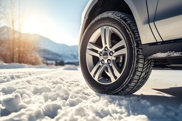 car tire on snow with blue sky background - obrazy, fototapety, plakaty