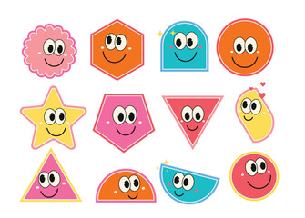 Cartoon cute faces with emotions on faces. Various geometric figure characters and actions.