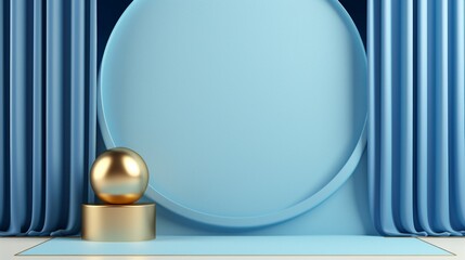 Elegant Empty Gold Cylinder Podium with Blue Ball on Arch, Reflective Minimalist Design for Contemporary Showcase and Luxury Display