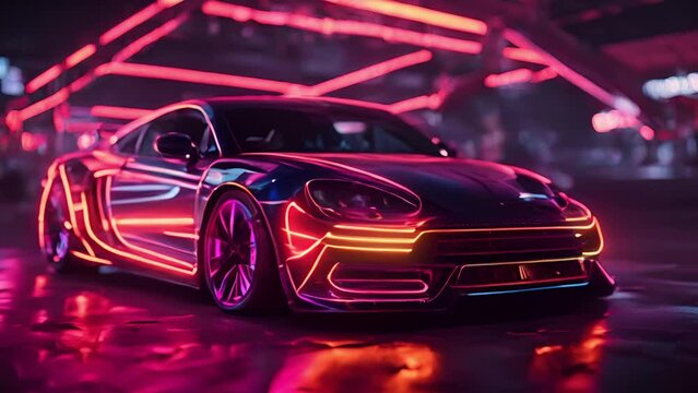 Futuristic sports car with neon lights on city street