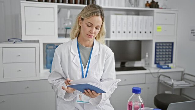 A focused caucasian woman in a lab coat reads a manual inside a well-equipped laboratory.