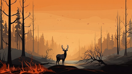 Deer on background Burnt forest