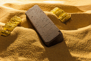 Sidewalk stones. Paving slabs sidewalk in desert sand on yellow background. Concept for advertising...