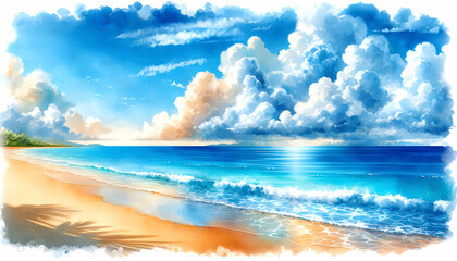 Fototapeta na wymiar Beautiful watercolor painting of a landscape with sea and sky. Generative AI.