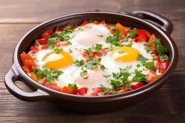 Homemade shakshuka fried eggs with onion, pepper, tomato and parsley in ceramic pan on wooden table