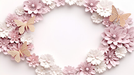 Fototapeta na wymiar A pink and white paper photo frame with flowers on it. ai generative
