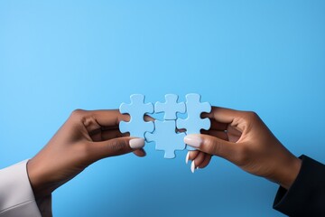 Blue puzzle pieces being put together by two black hands on a blue background,