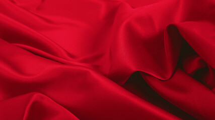 Red silk satin background. Wavy soft folds on shiny fabric. Luxurious dark red background....