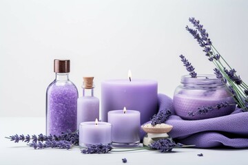 Scented candles, soaps, shampoos and other cosmetics with lavender extract isolated on white. Wide photo.