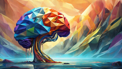 3D polygon colorful brain splash brainstorm and inspire concept - obrazy, fototapety, plakaty