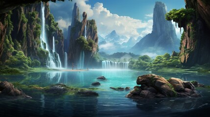 a scene highlighting the beauty of a waterfall cascading into a crystal-clear lake