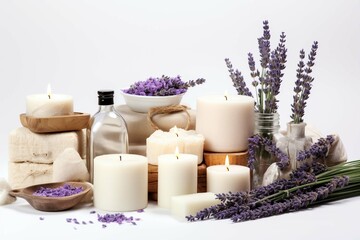 Obraz na płótnie Canvas Scented candles, soaps, shampoos and other cosmetics with lavender extract isolated on white. Wide photo.
